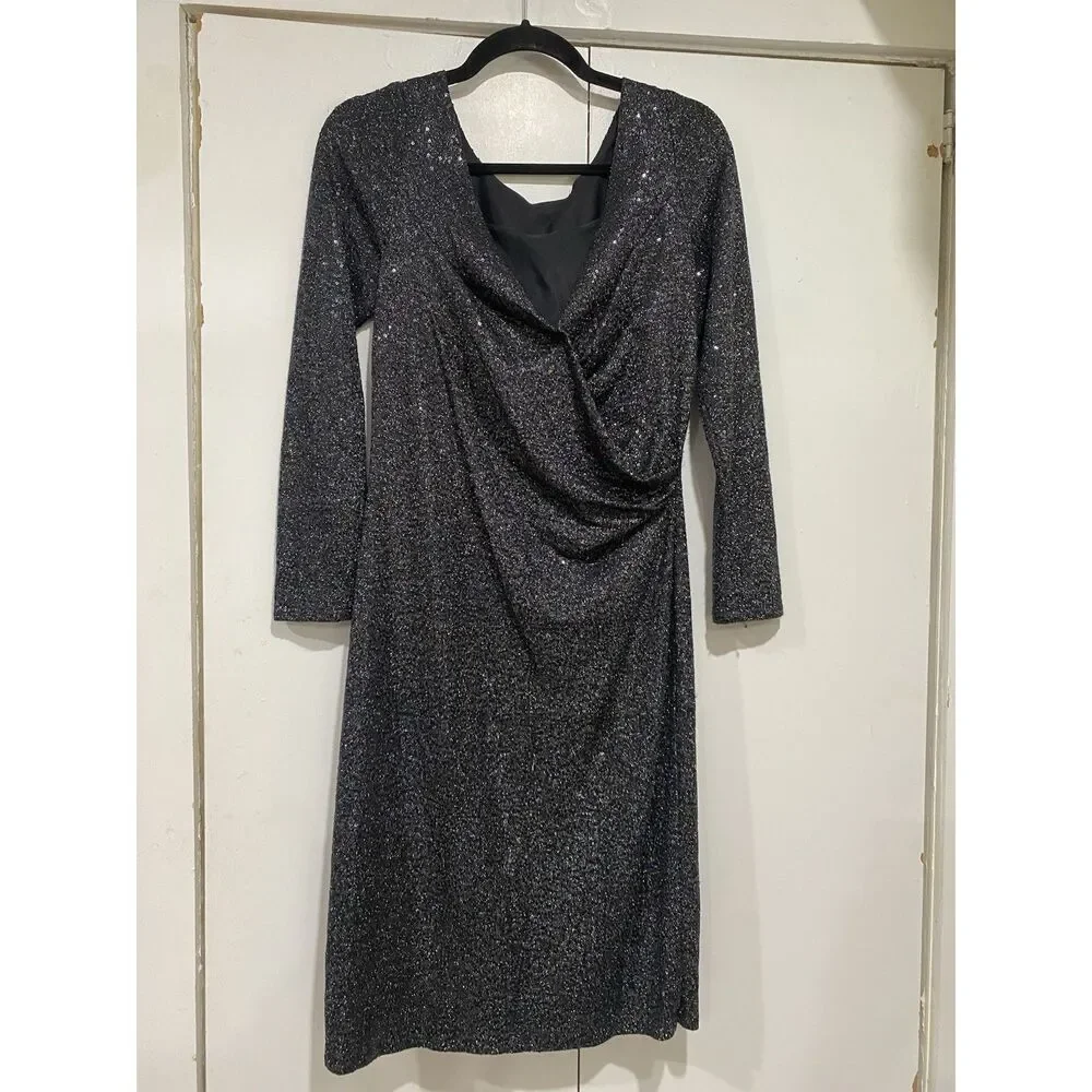 Carmen Marc Valvo Dress Sz 8 Black Silver Beaded Neck Sequin Cocktail Midi - Picture 6 of 12